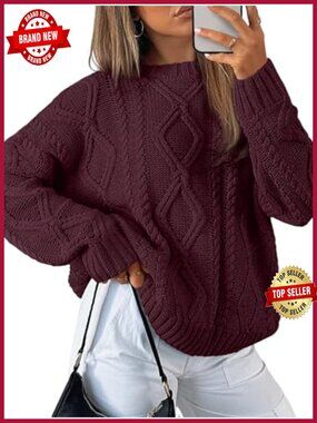 Oversized Cable Knit Sweater Pullover Crew Neck Long Sleeve Fall Winter